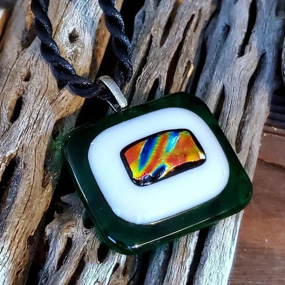 Artisan Green White Black Multi Fused Dichroic Glass Rectangle Pendant Necklace - Picture 3 of 6